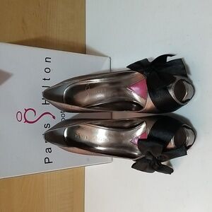 Paris Hilton Limited Ed Leather Open Toe Pumps Sz 8 Women Rose Silver